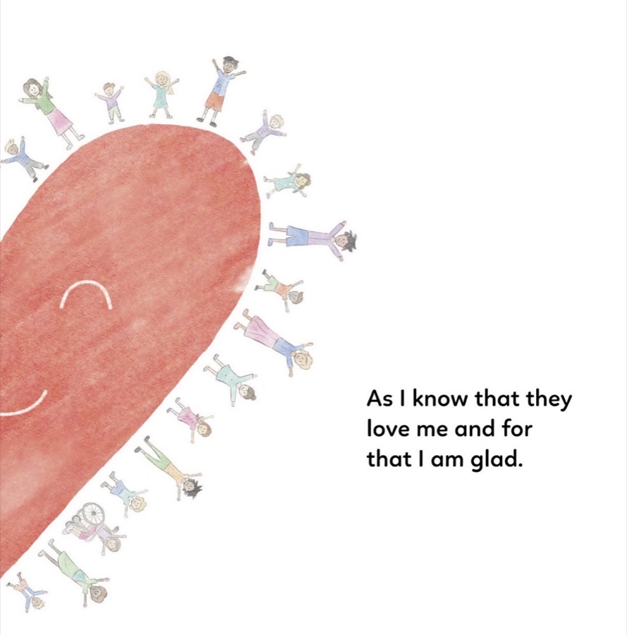 Page from the book: a big smiling heart surrounded by little children. The words read: As I know that they love me and for that I am glad.