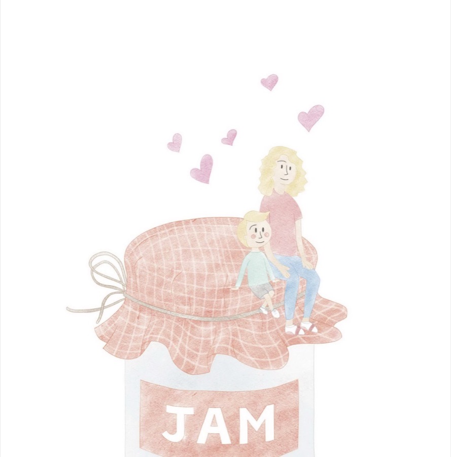Illustration of a mum and her son sitting together on top of a jam jar, with little hearts above them.