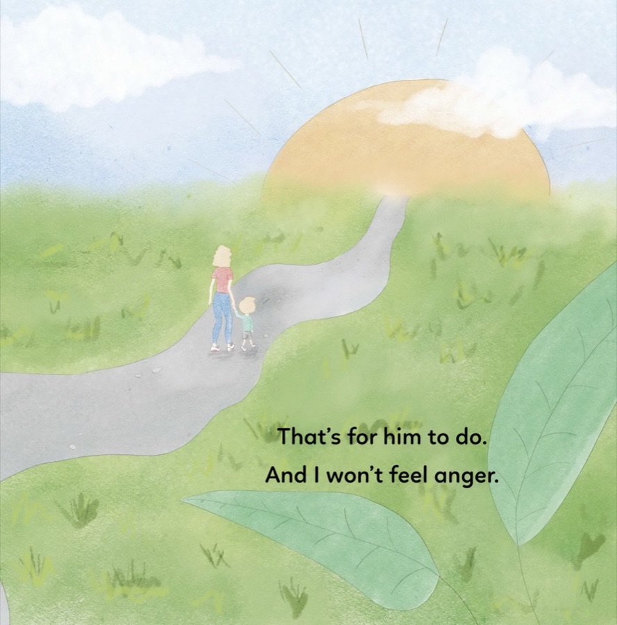 Page from the book: a mum and her child walk a path through green fields towards the sunrise.